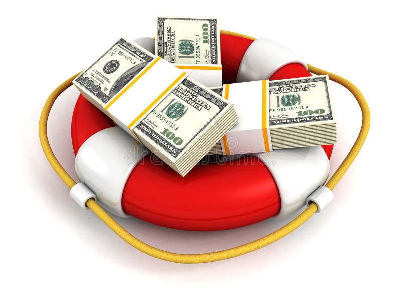 Dollars Packs in red lifebuoy. Money Saving Concept. Dollars Packs in red lifebuoy. Money Saving Concept