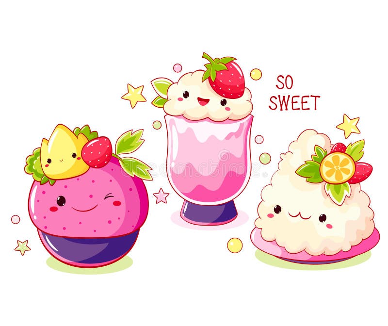 Dolce allo stile kawaii con viso sorridente e guance rosa. muffin e cupcake con panna montata illustrazione vettoriale