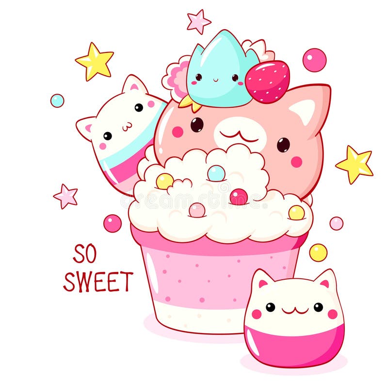 Dolce dessert a forma di gatto in stile kawaii. Muffin di torte con panna montata e bacca. Iscrizione così dolce. Può essere utili illustrazione di stock