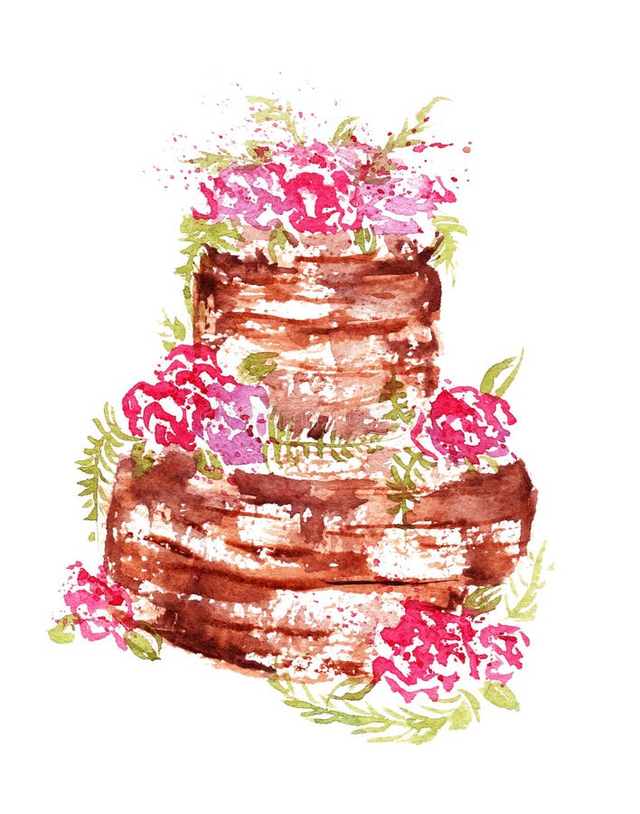 Dolce di cioccolato di nozze dell'acquerello con i fiori e le foglie rosa su un fondo bianco illustrazione di stock Dolce di cioccolato di nozze dell'acquerello con i fiori e le foglie rosa su un fondo bianco illustrazione di stock