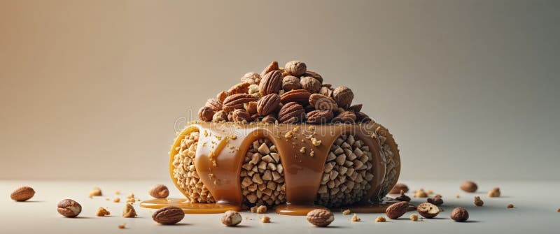 Dolce e croccante dolce con caramello e noci in forma rotonda unica su uno sfondo neutro fotografie stock libere da diritti