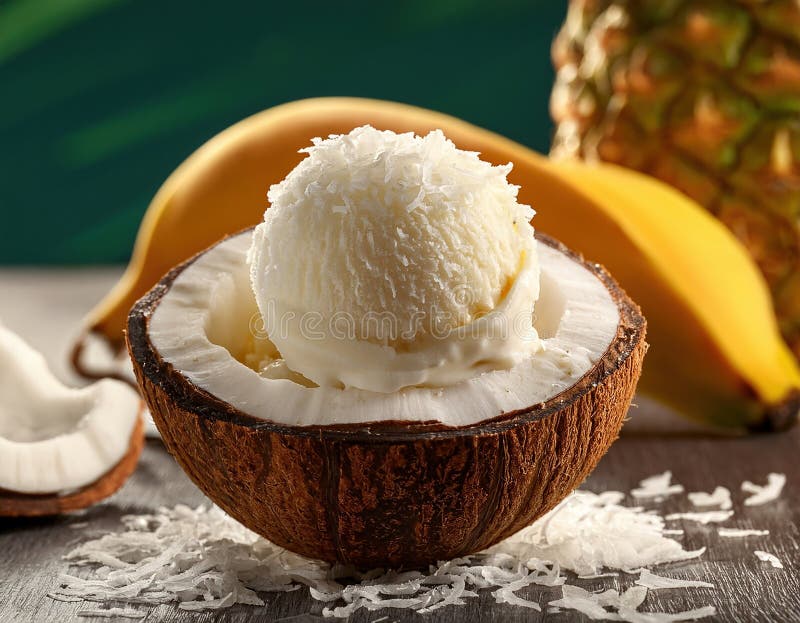 Dolce dolce estivo fatto con fresco. Gelato di cocco cremato in guscio con ananas fresco e banana. Generato dall'AI