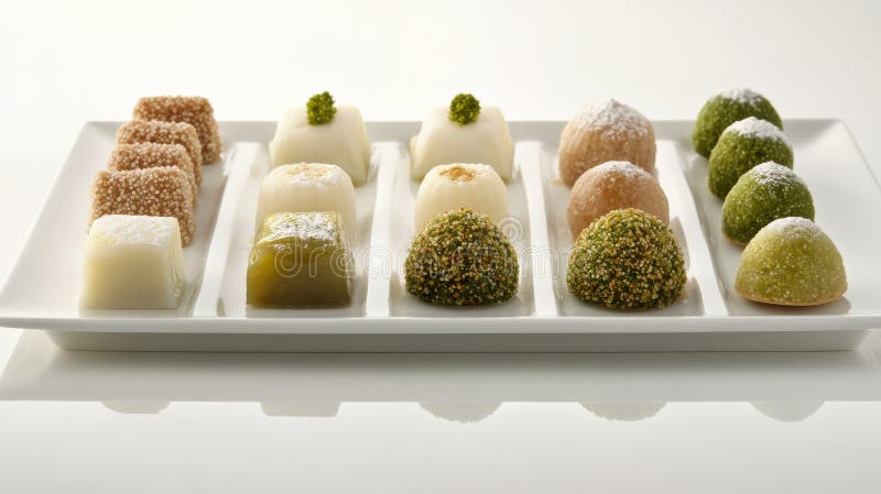Dolci giapponesi deliziosi Assortimento di varietà mochi colorate caramelle al piatto color verde bianco illustrazione di stock