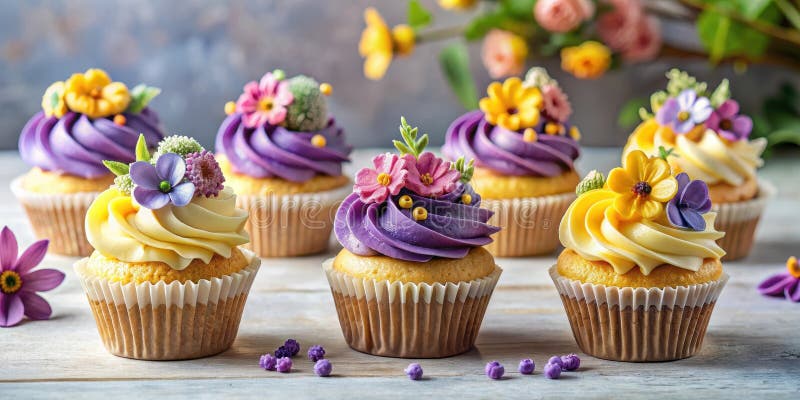Dolci pasticcini di pastello ornati da delicati fiori di zucchero perfetti per una festa primaverile. Generative AI. Rappresentazione artistica di deliziosi pasticcini di pastello ornati da delicati fiori di zucchero, perfetta per una festa di primavera.