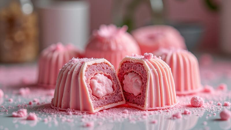 Dolci torte di fragole rosa con riempimento cremoso sul display immagini stock