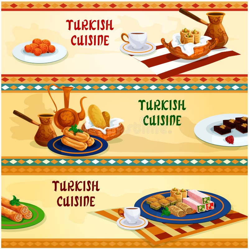 Dolci turchi di cucina con l'insieme dell'insegna del caffè illustrazione di stock
