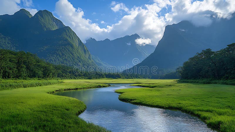 Dolina Verdant otoczona górami z rzeką meandrującą odbijającą niebo. fotografia royalty free