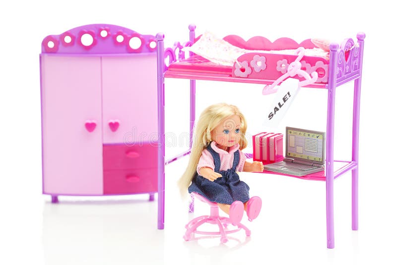 Doll, Wardrobe , Bed, Chair and Laptop Stock Photo Image of miniature
