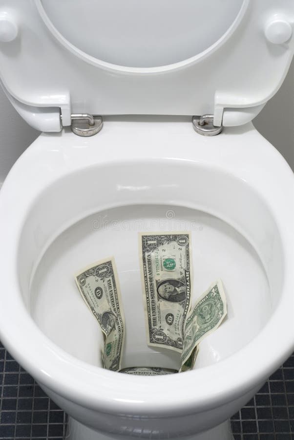 US One Dollar Bills Flushed Down a Toilet, Wasting Money Concept Stock Photo Image of dollar