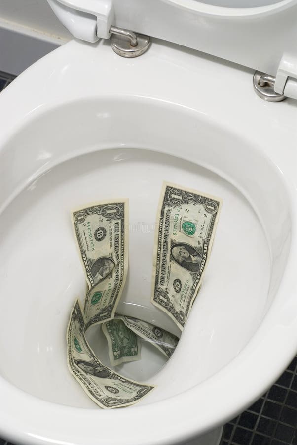 US One Dollar Bills Flushed Down the Toilet, Toilet Paper, Trash