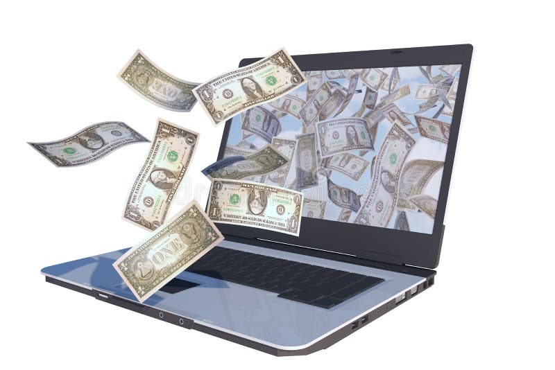 Dollar bills flying out laptop computer screen to illustrate losing money online