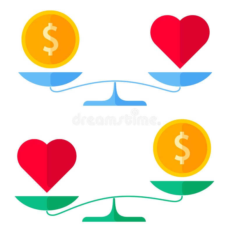 Dollar coin and a heart on a scales. Healthcare concept.