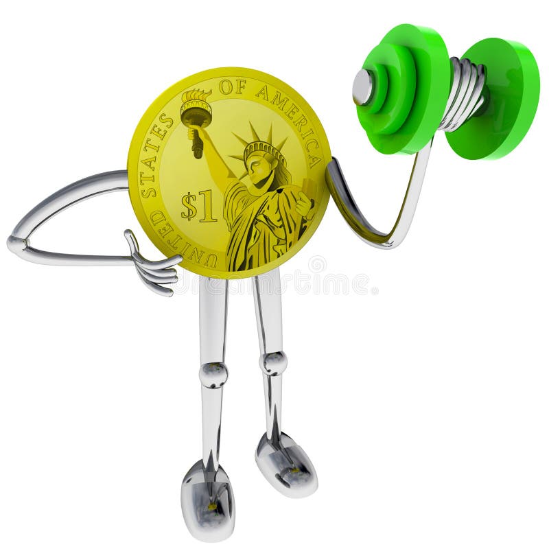 Dollar coin robot holding at gym illustration