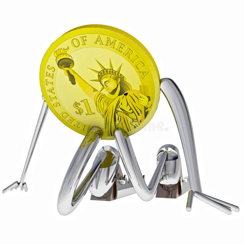 Dollar coin robot starting from the block in front view illustration