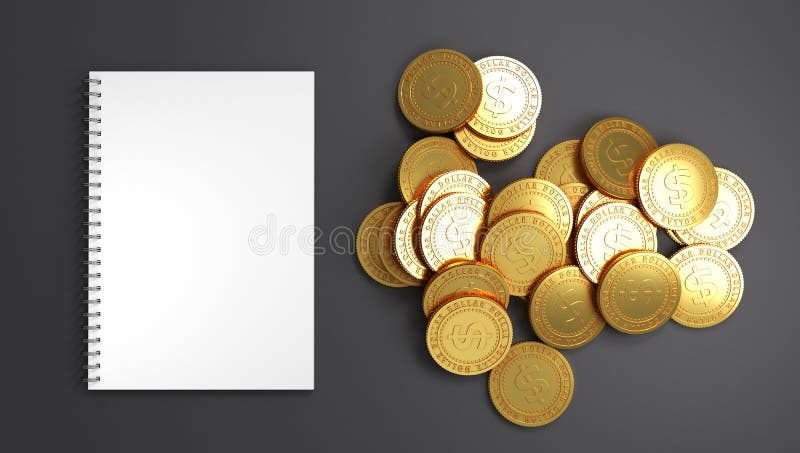 Dollar coins with white paper notepad on grey backgrounad. . 3D Rendering. vector illustration