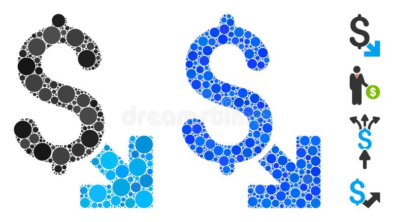 Dollar decrease composition of filled circles in variable sizes and color hues, based on dollar decrease icon. Vector filled circles are united into blue mosaic. Decrease arrow icon illustrations