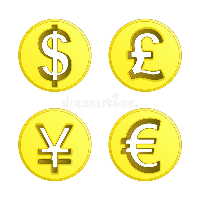 Dollar euro yen and pound coin vector pack
