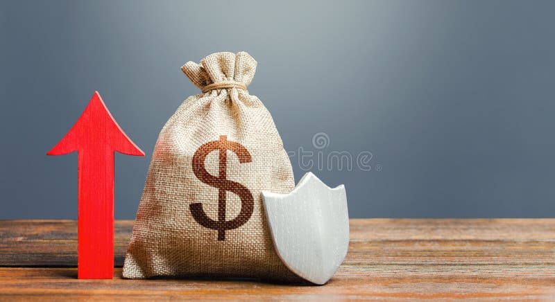 Dollar money bag with a shield and a red arrow up. Increasing the maximum amount of guaranteed insurance compensation for deposits