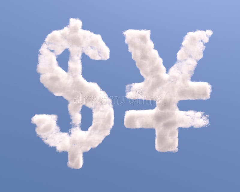 Dollar and yen symbols shape clouds, on blue background. Dollar and yen symbols shape clouds, on blue background