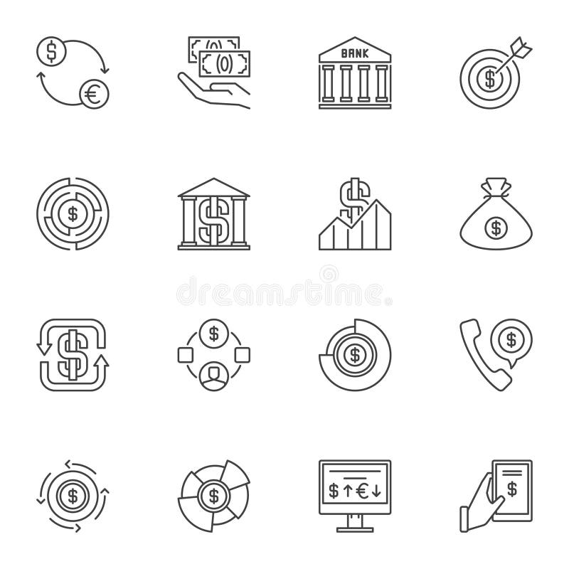 Dollar outline icons set. Vector USD and Money linear symbols vector illustration Dollar outline icons set. Vector USD and Money linear symbols vector illustration
