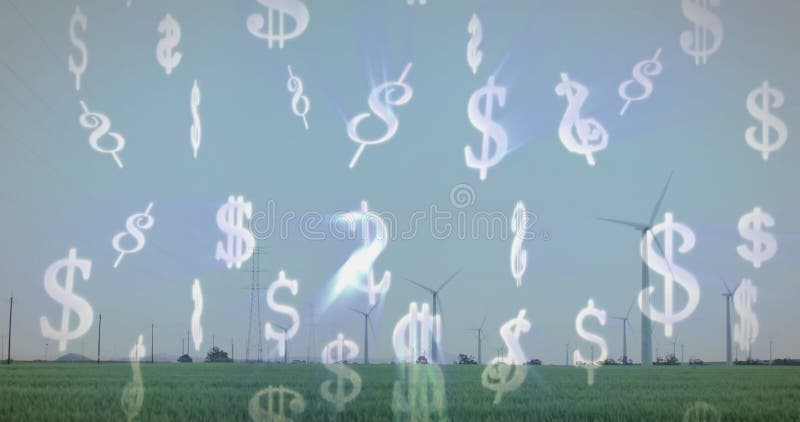 Dollar signe l'animation sur les éoliennes dans le champ vert clips vidéos