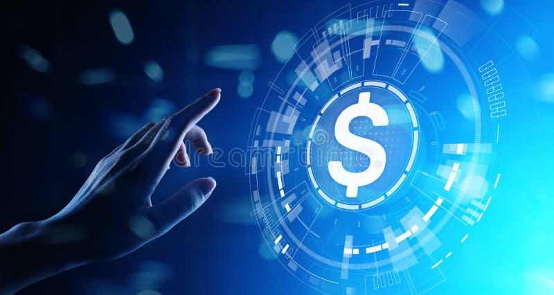 Dollarikonen auf virtuellem Schirm Währungs-Devisenhandel und Finanzmarktkonzept Digital-Bankwesen und -wachstum