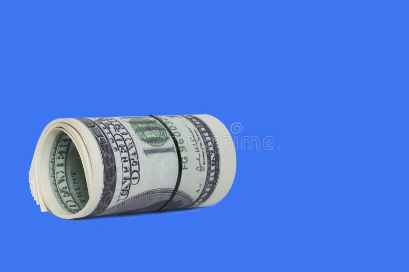 Dollars in broodje op blauwe achtergrond wordt geïsoleerd die royalty-vrije stock afbeeldingen Dollars in broodje op blauwe achtergrond wordt geïsoleerd die royalty-vrije stock afbeeldingen