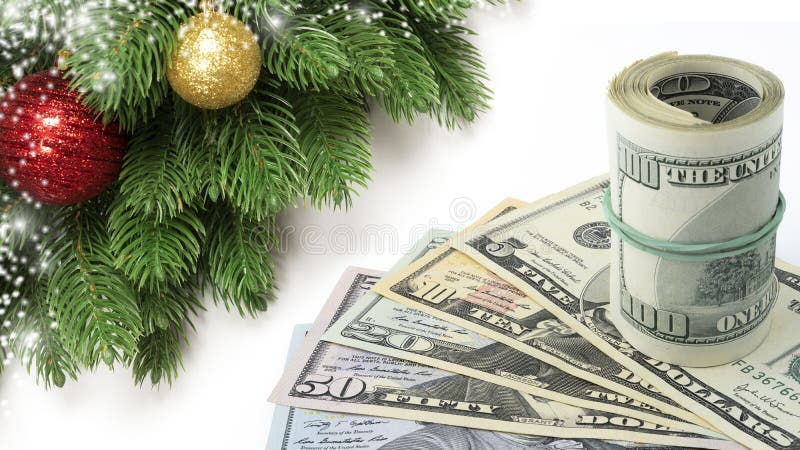 Dollars d'argent des USA de décoration de Noël ou billets de banque d'argent liquide d'isolement sur le fond blanc images stock Dollars d'argent des USA de décoration de Noël ou billets de banque d'argent liquide d'isolement sur le fond blanc images stock