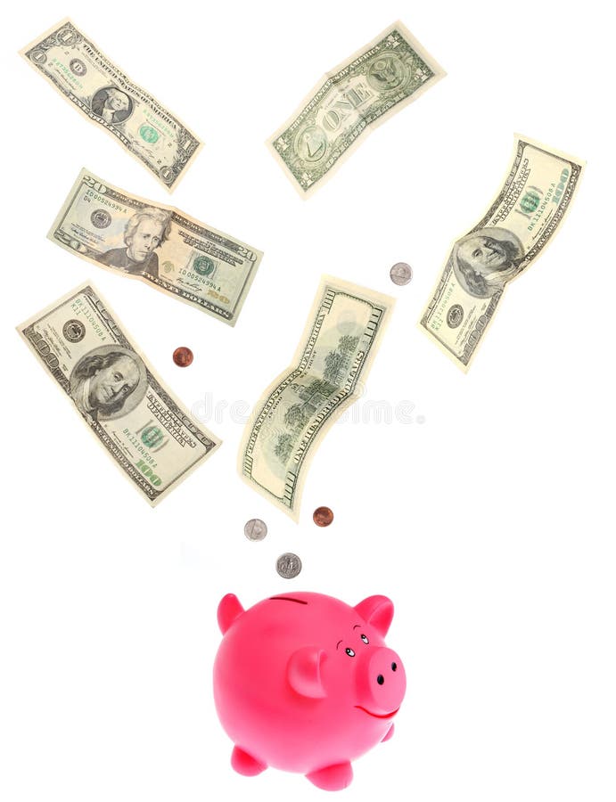 Dollars falling into piggy bank