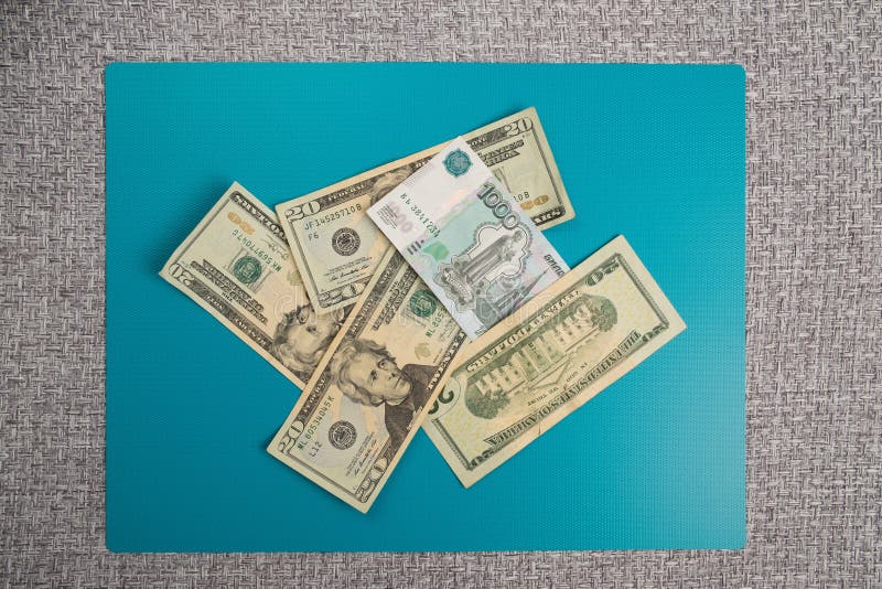 Russian and American money. Ruble and dollar bills. stock photo Russian and American money. Ruble and dollar bills. stock photo