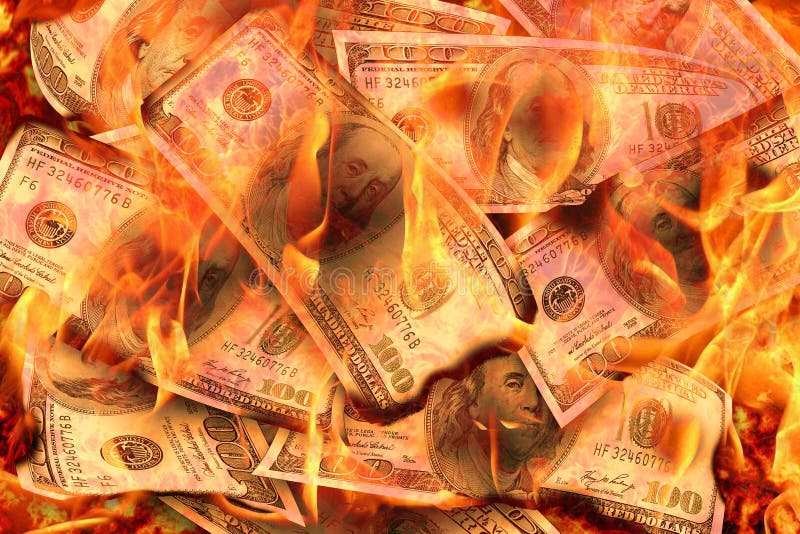 Dollarsbankbiljetten of rekeningen van de dollars die van de Verenigde Staten van Amerika in vlamconcept branden crisis, verlies