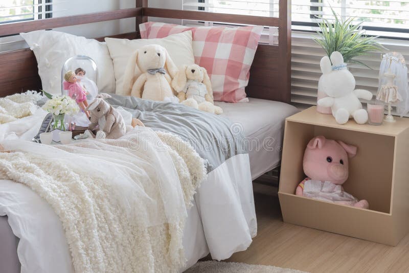Dolls and Toy on Bed in Kid S Bedroom Stock Photo Image of house