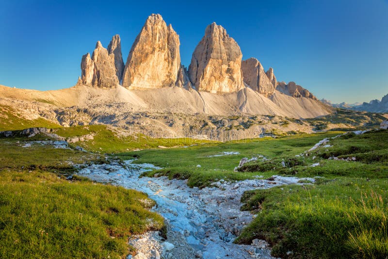 Dolomites Mountains. Tre Cime di Lavaredo at summer time. Landscape of Alps Mountains