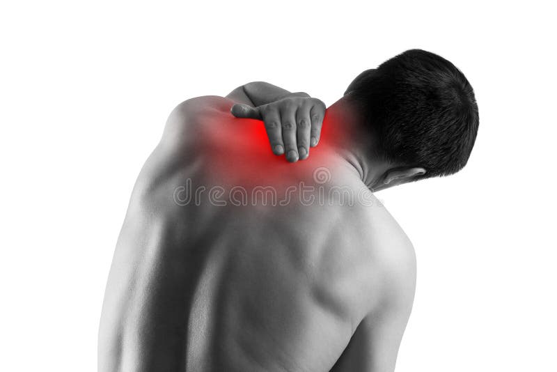 Dolor de cuello, sufrimiento del hombre del dolor de espalda aislado en el fondo blanco imagen de archivo libre de regalías Dolor de cuello, sufrimiento del hombre del dolor de espalda aislado en el fondo blanco imagen de archivo libre de regalías