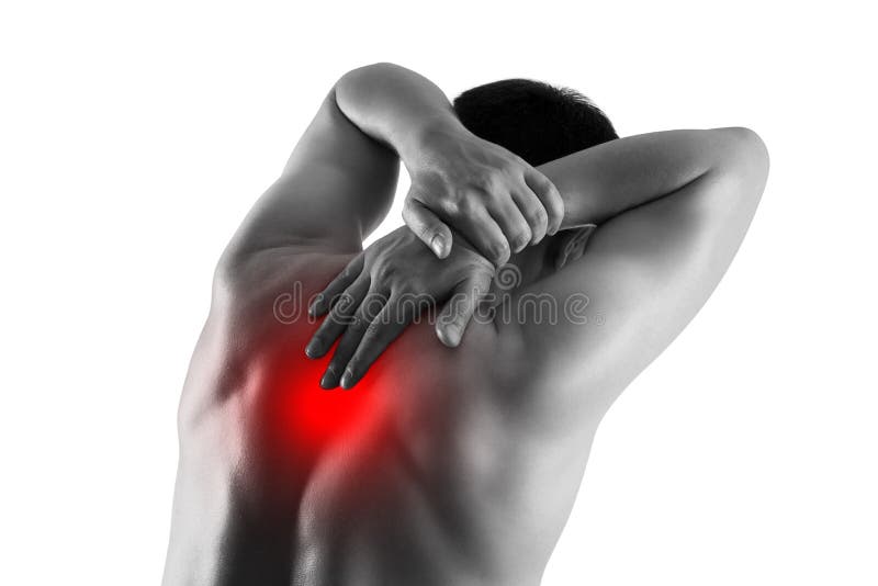 Dolor de cuello, sufrimiento del hombre del dolor de espalda aislado en el fondo blanco foto de archivo libre de regalías Dolor de cuello, sufrimiento del hombre del dolor de espalda aislado en el fondo blanco foto de archivo libre de regalías