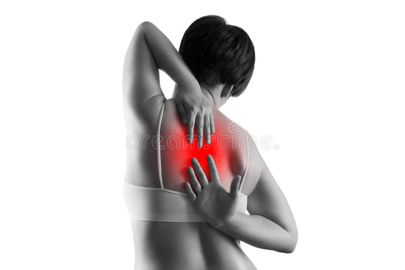 Dolor de espalda, sufrimiento de la mujer del dolor de espalda aislado en el fondo blanco imágenes de archivo libres de regalías Dolor de espalda, sufrimiento de la mujer del dolor de espalda aislado en el fondo blanco imágenes de archivo libres de regalías