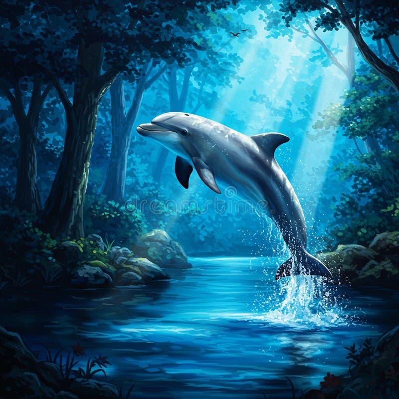 A dolphin leaps gracefully from a sparkling blue forest stream, with sunlight stock illustration