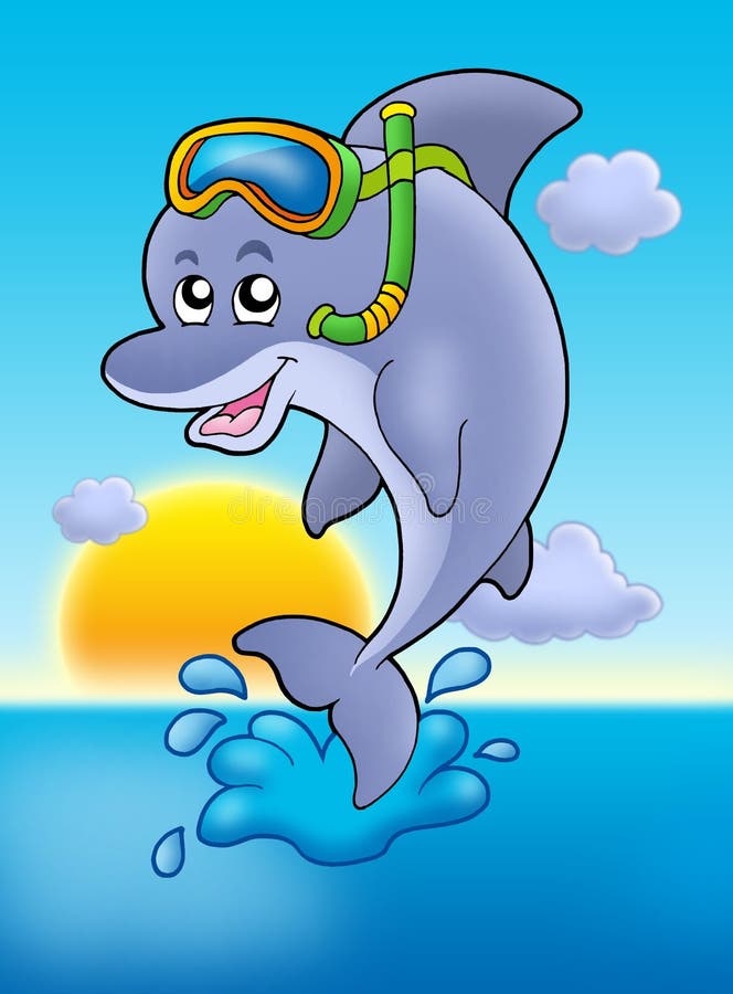 Dolphin snorkel diver with sunset vector illustration