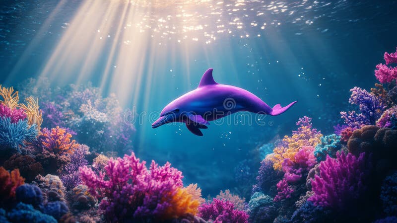 A dolphin swims through a vibrant coral reef with sunbeams shining down The image evokes feelings of peace wonder and the royalty free illustration