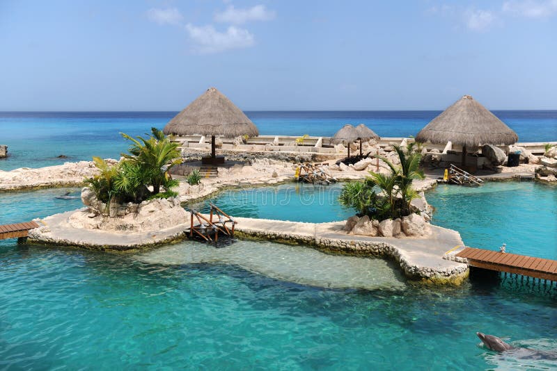 Dolphinarium in Cozumel Mexico with beach in background. Dolphinarium in Cozumel Mexico with beach in background