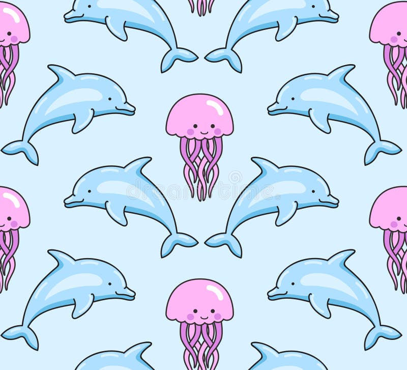 Dolphins and Jellyfish. Seamless Pattern. Cute Cartoon Animal Background Stock Vector - Illustration of underwater, doodle: 180916786 Dolphins and Jellyfish. Seamless Pattern. Cute Cartoon Animal Background Stock Vector - Illustration of underwater, doodle: 180916786