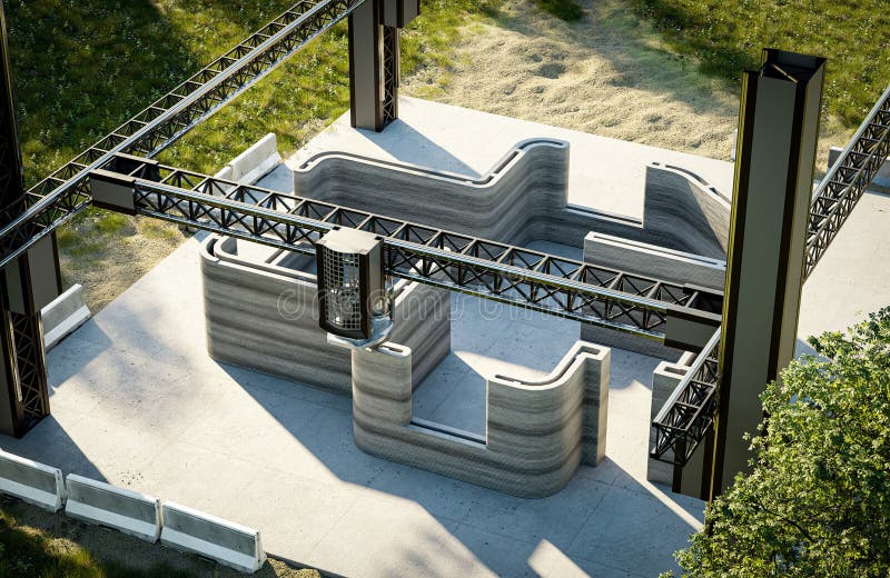 Dom jednorodzinny drukarski 3d z betonem. budowa domu nowej technologii przy użyciu nowoczesnej maszyny cnc fotografia royalty free