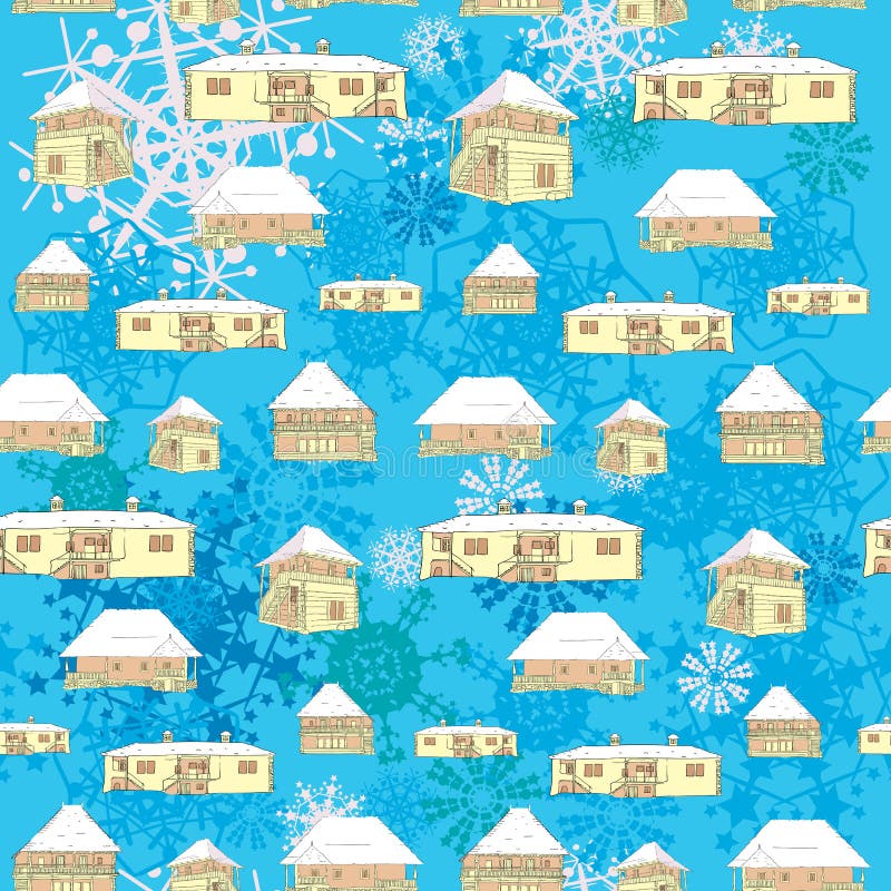 Winter country houses and snowflakes pattern over blue night background, hand drawn objects. Winter country houses and snowflakes pattern over blue night background, hand drawn objects