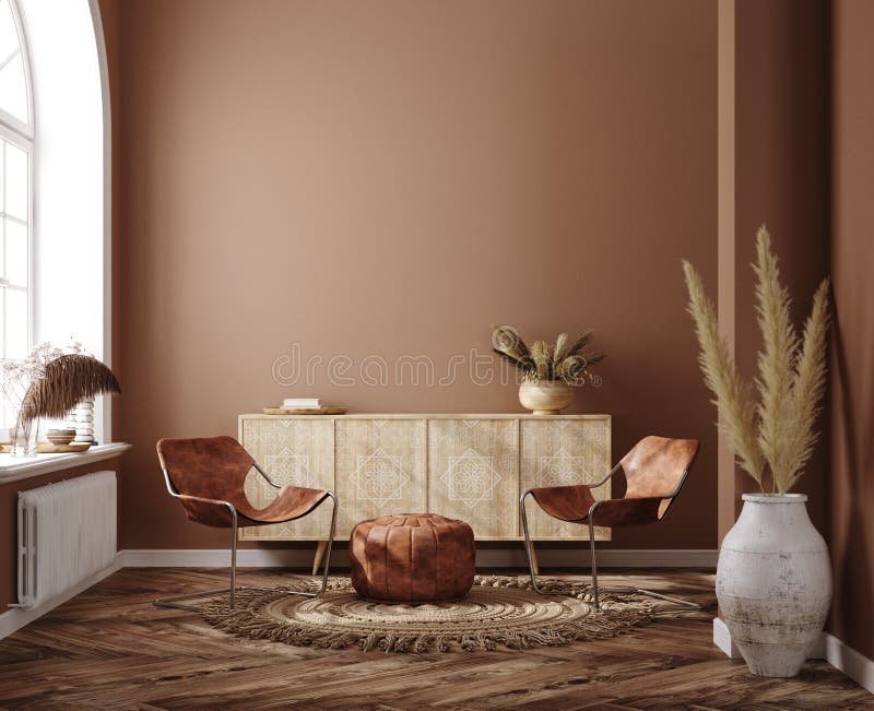 Dom wnętrze z etniczną ozdobą boho salon w brązowym, ciepłym kolorze