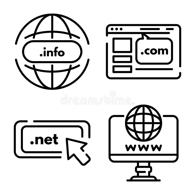 Domain icons set, outline style stock illustration