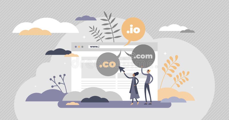 Domain name as web server website address extension flat tiny person concept vector illustration