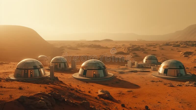Dome-shaped metallic bases on the surface of the red planet. Scientific exploration of Mars. Barren landscape. Generative AI stock illustration