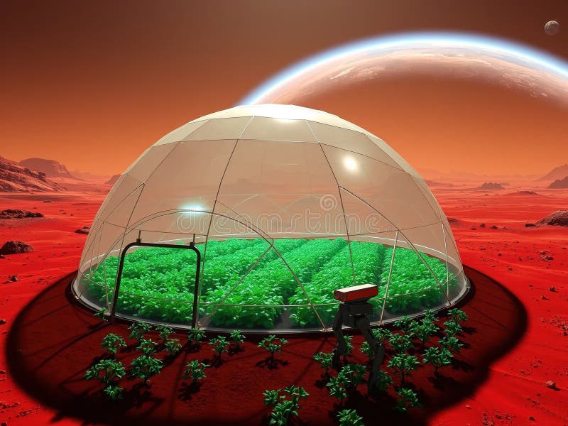 A dome shaped structure on land of mars with plants growing inside of it stock illustration.