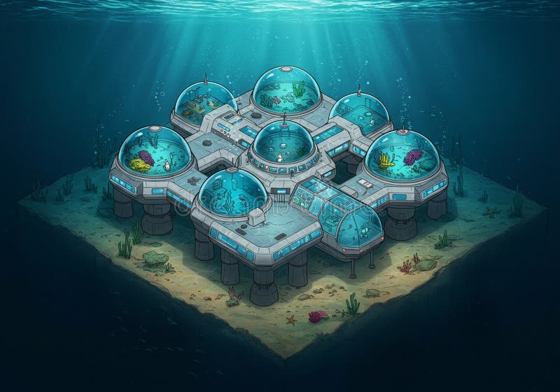 Dome-shaped underwater complex features interconnected glass structures vector illustration