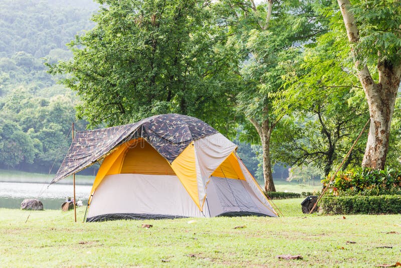 Dome tents camping in forest stock images
